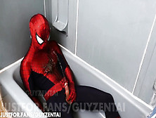 Spiderman Urinates All Over His Suit With Firm Dinky,  Faps Off,  Pops In Hiked Webbing Spidey Costume