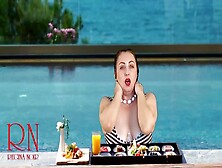 Regina Noir.  Melons Teasing At Swimming Pool.  Nudist Hotel.  Nudism Outdoors.