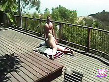 The Guy Penetrates Sexy Blonde Bimbo Outdoors On The Terrace In Retro Fashion