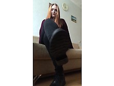Bored Amateur Ginger Flaunting Her Black Leather Boots In A Solo