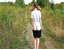 Bottomless Cunt With Mouth With Pigtails Walks Along A Country Road