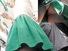 Spy Upskirt Cam Got Under The Young Chick's Green Skirt