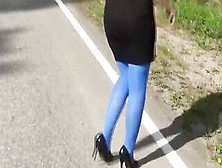 Flashing On The Street Into Blue Tights