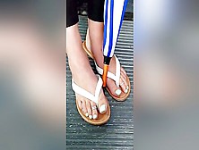 Long Female Feet & Sexy Toes With Green Nail Polish Captured In Public