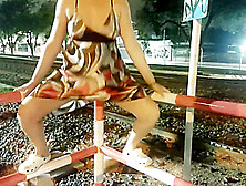 Under Dress Vagina Without Panties To Cars And Train Track In Busy Street Hard Anal Sex Under Rain
