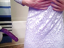 Skinny Tight Teen In Purple Dress Creams On Purple Dildo