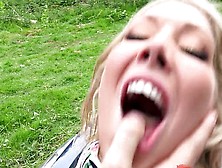 Big Tits Slut Fucked By Two Guys In The Grass