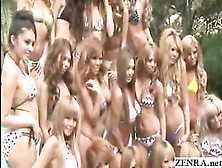 Tanned Group Of Japanese Teens Pose For A Topless Pool Photo Sho