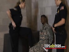 Black Soldier With Big Cock Gets A Blowjob At Work,  Watch These Two Busty Milfs Get Some Jizz.