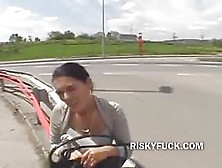 Crazy Brunette Ready To Fuck In Public Sitting On The Side Of The Highway