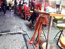 Pantyless Hottie In A Sexy Dress & Sandals Filmed With Her Partner In Public