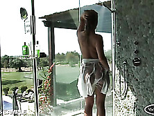 Blonde Bad In White Lingerie Plays With Her Cunt In An Outdoor Shower