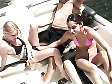 Two Girls And A Guy Discuss Dirty Things On A Boat,  Later The Blonde Girl Shows Her Pink Pussy