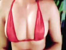 Crazy Sexy Head Into Red Satin Micro Bikini From A Gigantic Boobs 19 Yo