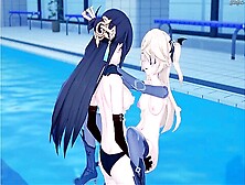 Lesbian Beidou Fucked With A Strap-On Blonde Fischl,  Hot Hentai Sex In The Pool