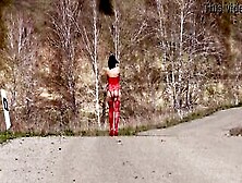 Older Milf With Nude Charms Walks On A Outdoors Road