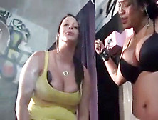 Corded Dark-Hued Chick With Huge Tits Drenched In Spit Of 4 Girls