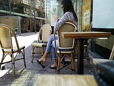 Voyeur Films Two Gorgeous Strangers In Jeans And Ballerina Shoes Drinking Coffee In Public