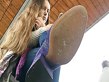 Pretty Teen In Interesting Purple Boots Filmed By Voyeur At The Bus Station