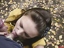 Slutty Rich Babe Wears Headband And Yellow Suit Out In The Forest And Sucks Cock Secretly By The Fallen Leaves