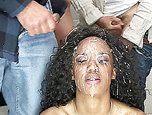 Wavy Haired Ebony Cowgirl's Face Gets Buried Under A Load Of Cum At A Steamy Bukkake Party