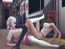 Schoolgirls Tribbing In A Night Subway Car