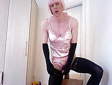 Jess Silk Riding Dildo In Pink Polka Dot Robe And Pink Satin Nightie With Pink Wig