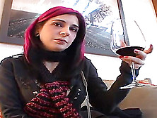 Kinky Red-Haired Senorita Drinks A Large Glass Of Wine
