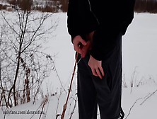 Russian Stud Walks In The Snow Near The River,  Pissing In The Snow,  He Was Noticed By A Strange Dude
