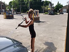 Wifey In Mini Miniskirt High High-Heeled Slippers Displaying Superb Donk At Outdoor Carwash