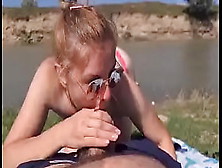 The Stepsister Licks His Dick In Public And Rides Well,  Finishes On Her Face And Spunk In Her Mouth