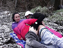 Skinny Brunette In A Tracksuit Sucking Cock And Fucking Outdoors
