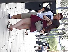 Stunning Asian Babe Caught In Public Wearing Sexy Red Dress & Candid White Mules
