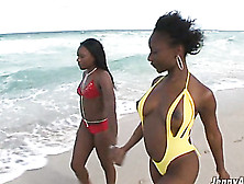 A Pair Of Ebony Gfs With Big Tits And Yummy Butts Teasing On The Beach And Flashing Their Boobs