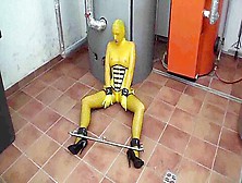 Self Bondage In Yellow Rubber