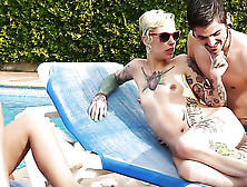 Tattooed Short-Haired Blondie And Her Two Busty Brunette Friends Rocking With Sexy Lads At The Pool