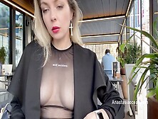 Teaser: Exhibitionist Babe Shows Off Her Perky Tits At A Cafe With Glass Walls,  Enticing All Onlookers Outside!