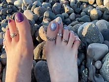 Hot And Sexy Feet Of Mistress Lara In The Sunset On Public Beach