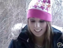 Brunette Cutie Goes Pee In The Snow
