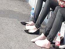 Petite College Girls Resting Their Lovely Feet In Nylon Stockings In Public