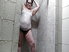 Bbw Gets Her Clothes All Wet In Public Shower