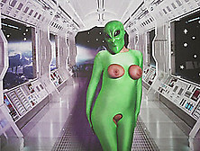 Masked And Costumed Alien Babe With Big Tits Toys Her Pussy With Dildo