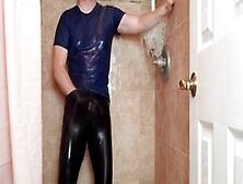 Spandex Boy Getting Wet And Soapy In Shower In Tights After Yoga Class