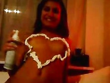 Naked Amateur Girl Draws A Heart On Her Chest With Whipped Cream