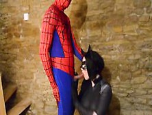 Busty Cosplay Catwoman Takes Spiderman Web