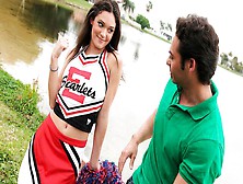 Cheerleader Monica Guides Her Pussy Onto A Stiff Cock