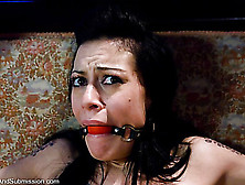 Stretched And Bound Brunette Gets Tortured With Flog And Clamps By Her Hubby And Blonde Mistress