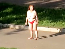 Drunk Older Woman Walks Topless