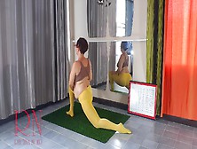 Regina Noir In Yoga In Yellow Tights Doing Yoga In The Gym.  A Girl Without Panties Is Doing Yoga.  Cam 2