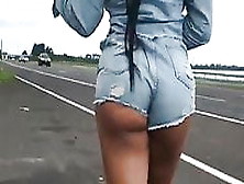 Hot Dark Haired Stripping And Flashing On The Roadside